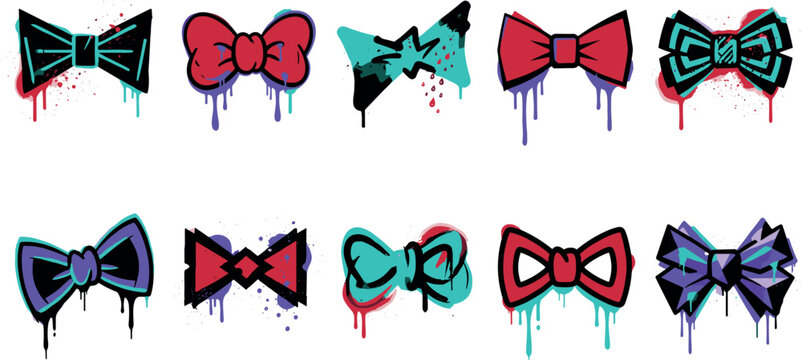 Colorful Graffiti Bow Tie Accessory Icon Set with Paint Drips