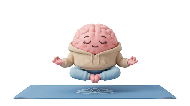 Cute cartoon brain character practicing yoga in a meditative pose on a blue yoga mat with a peaceful expression isolated on transparent background