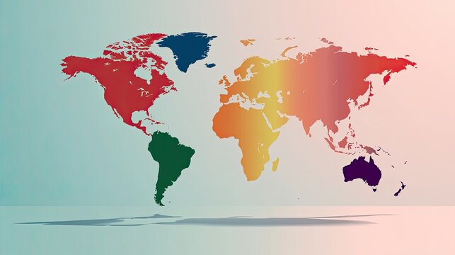 Colorful world map with continents depicted in distinct hues