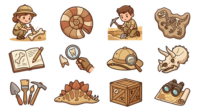 Dinosaur skeleton exploration and paleontology research icons.