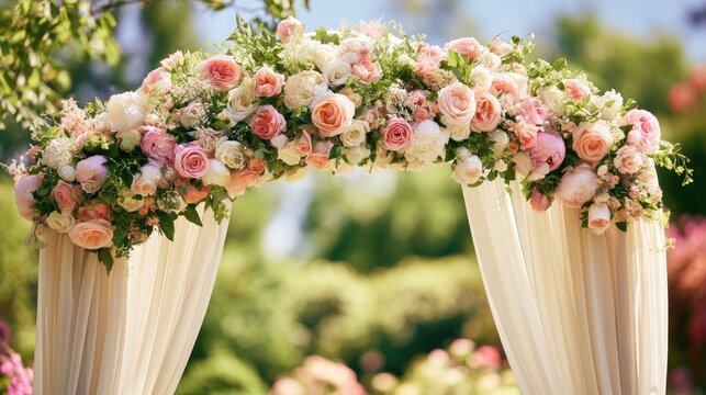 Lush floral arch with flowing drapery for a romantic outdoor ceremony