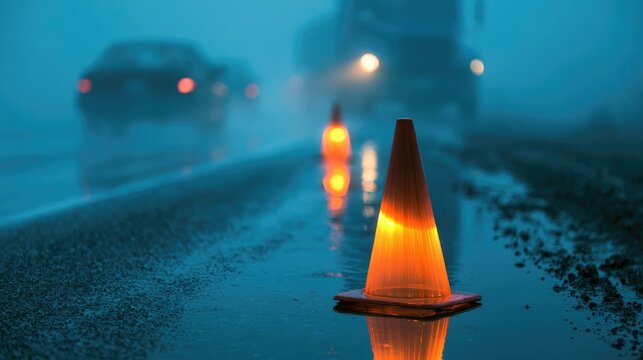 Orange traffic cones glow on a wet, foggy road with blurred car lights