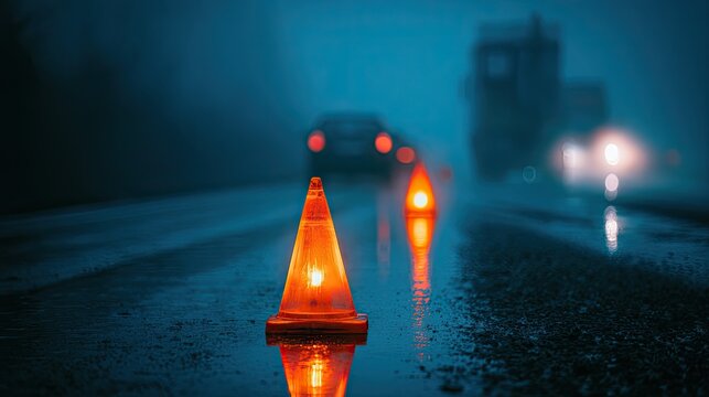 Orange traffic cones illuminate a foggy, wet road with distant vehicle lights