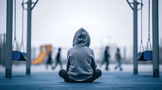 Solitary hooded figure sits on playground, others blurred in background