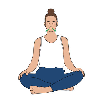Woman Meditating and Exhaling Air Pranayama Breathing Vector Illustration