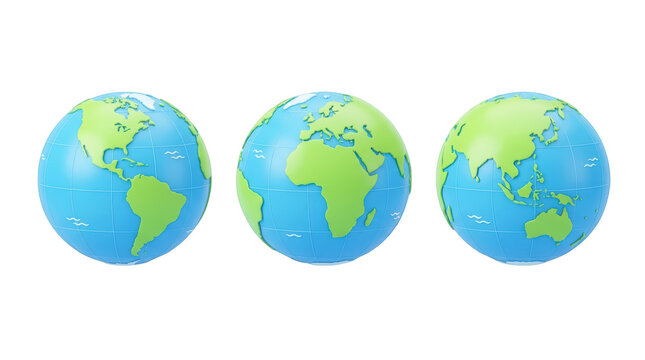 Set of three colorful globes representing different perspectives of the earth with detailed continents and oceans, isolated on transparent background