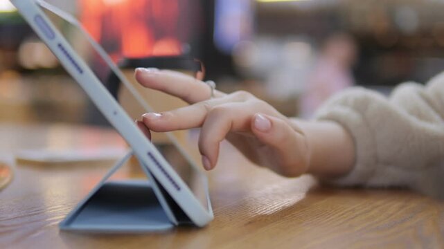 Hand gently taps tablet screen resting on wooden table. Soft focus background shows warm, cozy cafe ambiance. Person appears calm and focused while using device. Ideal for scenes of digital work