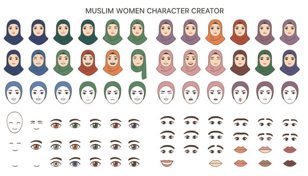 Muslim women character creator kit with diverse hijab styles, facial expressions, eyes, and mouth elements.