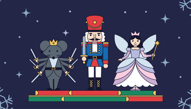Nutcracker characters including the multi-armed mouse king, soldier, and sugar plum fairy standing on festive books.