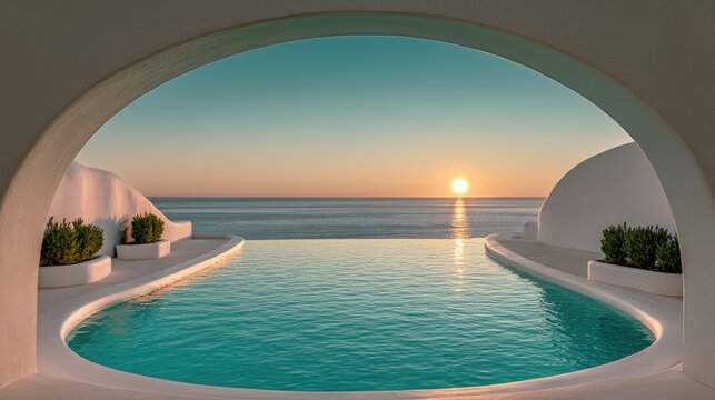 Serene infinity pool with ocean sunset vista framed by arched architecture