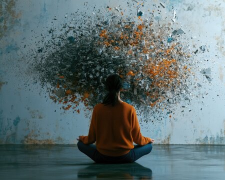Person meditates as a wall explodes into colorful fragments behind them