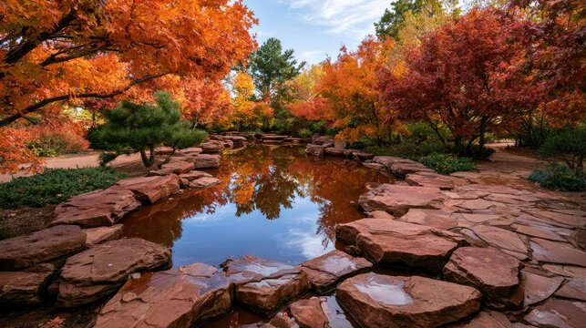 Autumn leaves reflect in a serene pond surrounded by vibrant fall foliage and rocks