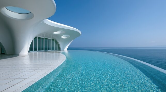 Futuristic white building with infinity pool overlooking the ocean