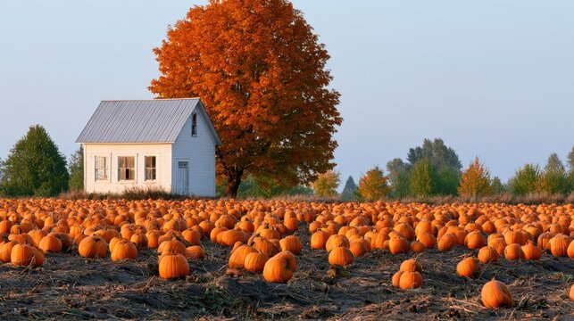 Autumn harvest scene with a small house and vast pumpkin field