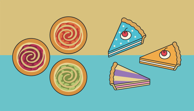 Fun food comparison illustration displays three round mini pizzas next to three delicious slices of cherry pie.
