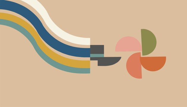 Abstract design features retro colored flowing waves heading toward half-circle segments arranged like a fan.
