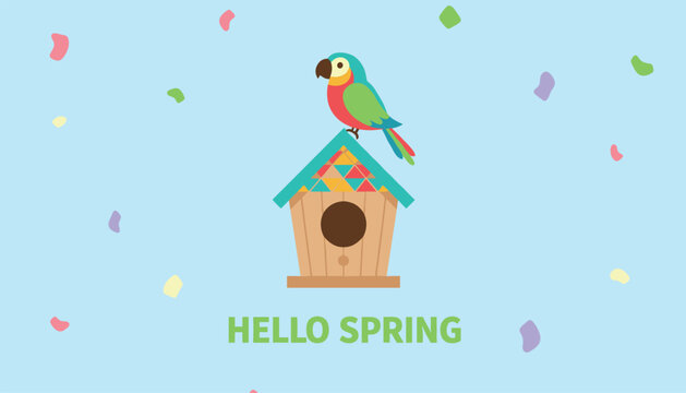 Bright tropical parrot perches atop a colorful wooden birdhouse to celebrate spring under falling confetti on light blue.