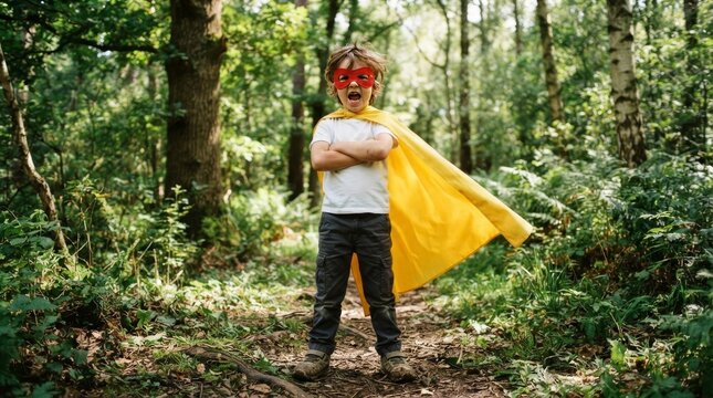 A confident Asian boy wearing a homemade red superhero mask and yellow cape stands with arms crossed, shouting in a park. He shows boy power, courage, and creative childhood imagination outdoors.
