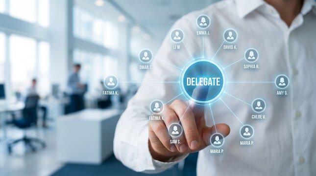 Delegate concept with businessman touching virtual interface, task management and leadership delegation, professional corporate team organization