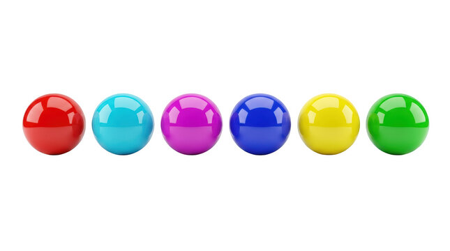 Six colorful glossy spheres arranged in a straight line on a plain transparent background with vibrant colors and reflective surfaces