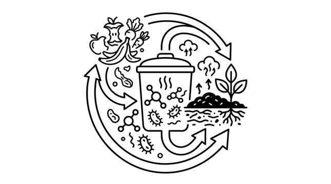 Industrial Black and White Line Art Diagram of Composting Process and Organic Waste Recycling Cycle