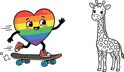 Cute rainbow pride heart cartoon character riding a skateboard next to a minimalist black and white line art giraffe vector illustration set © Lili Begum