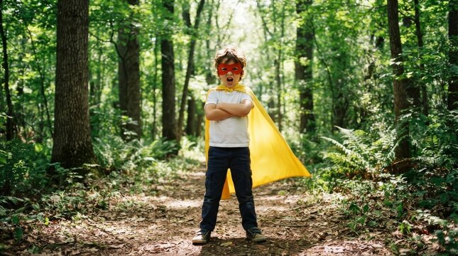 A confident Asian boy wearing a homemade red superhero mask and yellow cape stands with arms crossed, shouting in a park. He shows boy power, courage, and creative childhood imagination outdoors.