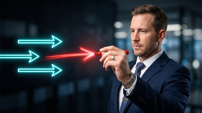 Strategic business leader drawing glowing red arrow, corporate growth and direction concept, professional manager visualizing success and market trends