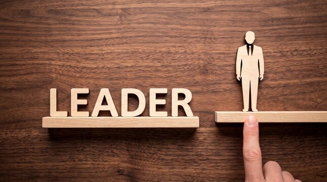 Leadership concept with wooden blocks, business leader figure standing on pedestal, corporate management and career growth metaphor on wood background