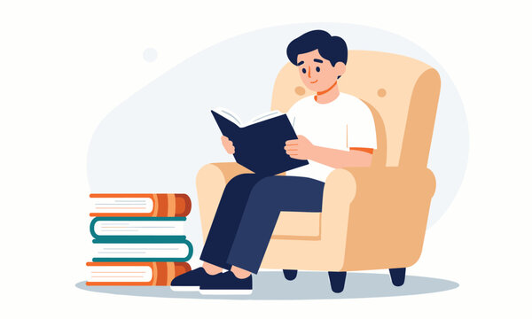 Young school boy sitting comfortably in a cozy armchair and reading a book next to a stack of colorful textbooks.