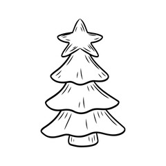 Fototapeta premium Minimalist Christmas tree illustration with star in black line art style. Winter holiday design for Christmas decoration, stickers, icons, coloring pages or advent calendar.