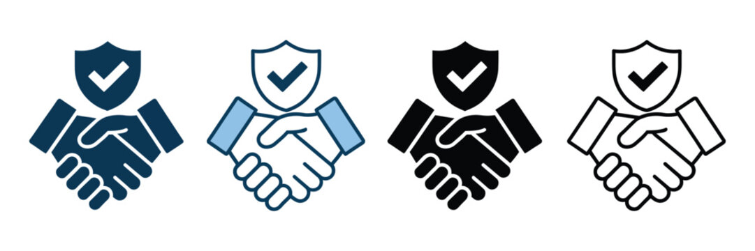 Trust icon set featuring outline, solid, flat, and colorful styles representing reliability, credibility, security, confidence, verification, and protection symbols