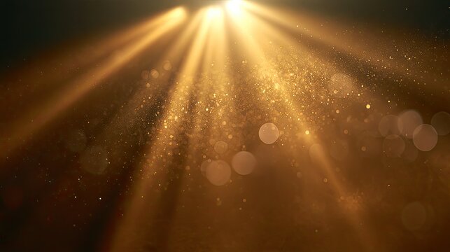 Warm, glowing light beams illuminate sparkling particles against a dark backdrop