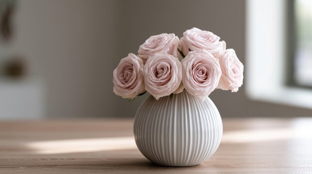 Soft pink roses in a ribbed white vase on a wooden table