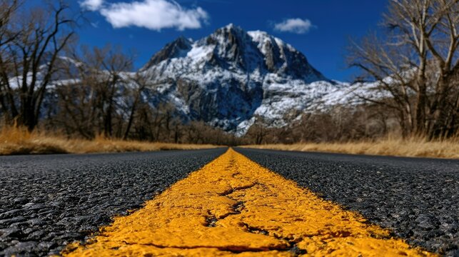A paved road leads towards a snow-capped mountain under a bright blue sky