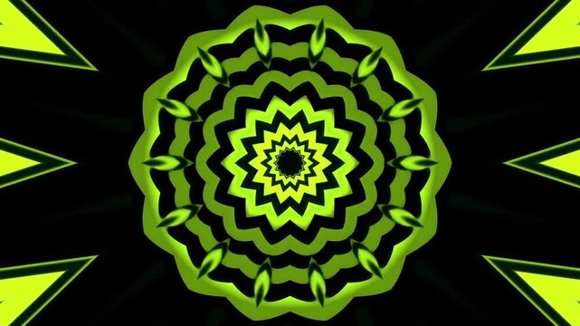 Green Kaleidoscopic Flower Pattern Motion Loop. Nature mandala background intro