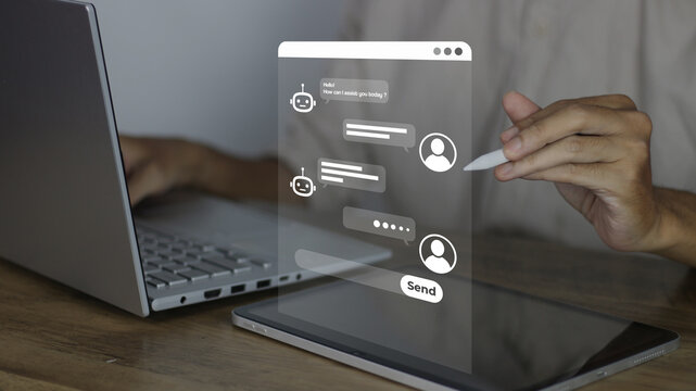 AI chat agent on tablet using stylus pen and laptop, featuring bot icon, user avatar, chat bubbles, and send button for smart automated business communication and online support