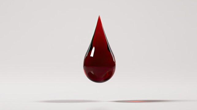 A single, luminous, deep red liquid drop suspended mid-air
