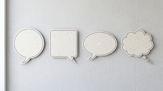 Set of four different empty speech bubbles and thought balloons in various shapes for communication and messaging concepts for design projects on a neutral gray textured surface