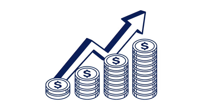 Financial growth concept illustrated with stacked coins and an upward trending arrow symbolizing increasing profits and economic success isolated on transparent background