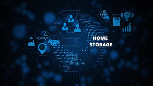 Dynamic digital interface featuring home storage solutions with animated global network futuristic data visualization, supply chain logistics and modern business connectivity technology