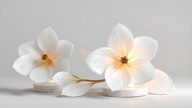 Translucent Alabaster Stone and Brass Metal Botanical Elements Isolated on Gray Background
