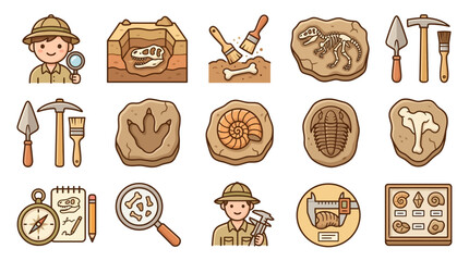 Paleontology fossils and archaeological excavation tools icons. © Aditiya