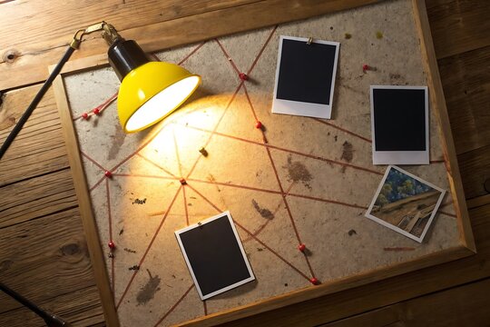 Detective investigation board with photos. Crime scene evidence map with red string lines.