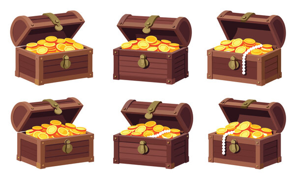 Detailed cartoon set of six open wooden treasure chests completely filled with shining gold coins and luxury jewelry.