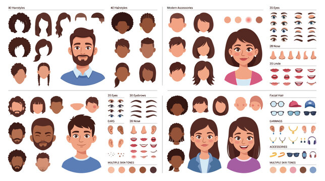 Diverse human character face creator kit with customizable features for modern digital avatar design projects with comprehensive character construction elements
