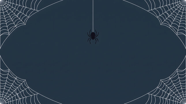 Creepy Spider Hanging from Web String with Corner Cobwebs Background