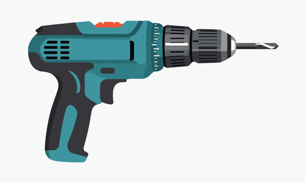 Cordless electric hand drill machine with blue and black plastic body isolated on white background vector illustration.