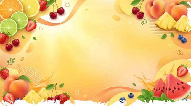 Vibrant summer fruit background design featuring assorted fresh produce frame with soft yellow gradient backdrop with displays vibrant artistic frame composed various fresh fruits with citrus slices