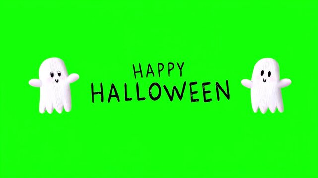 Horizontal Happy Halloween green screen video with cute cartoon ghosts and spooky text, perfect for chroma key editing, social media, YouTube, broadcasts, overlays, holiday promotions and Halloween co